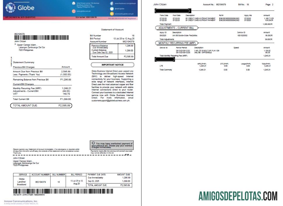 em branco Modelo de conta de serviços públicos Globe das Filipinas em formatos Word e PDF, 2 páginas